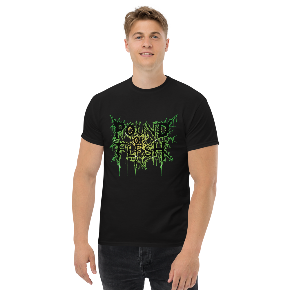 Pound of Flesh TX Green Logo on Black T-Shirt